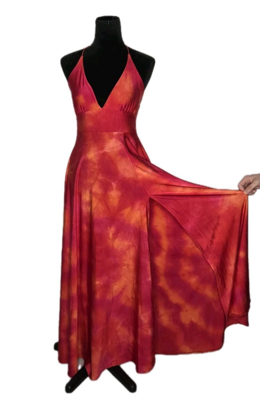 Sunset Halter Maxi Dress High Slit Stretch Knit Resort Size M